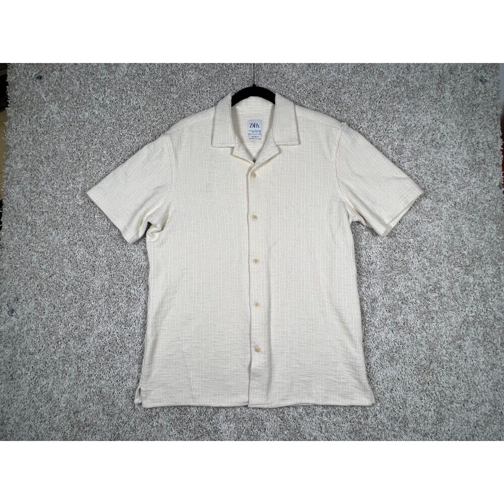 Zara Man Relaxed Fit Textured Knit Camp Collar Shirt Cream Off White Mens Large